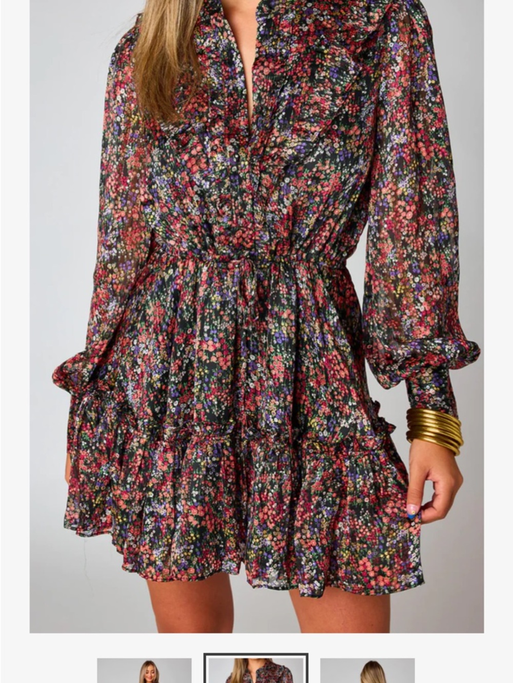 Buddy Love Celia Floral Sm Mini Dress Sheer Long Sleeve Tie Waist Ruffles NWOT - Picture 6 of 6